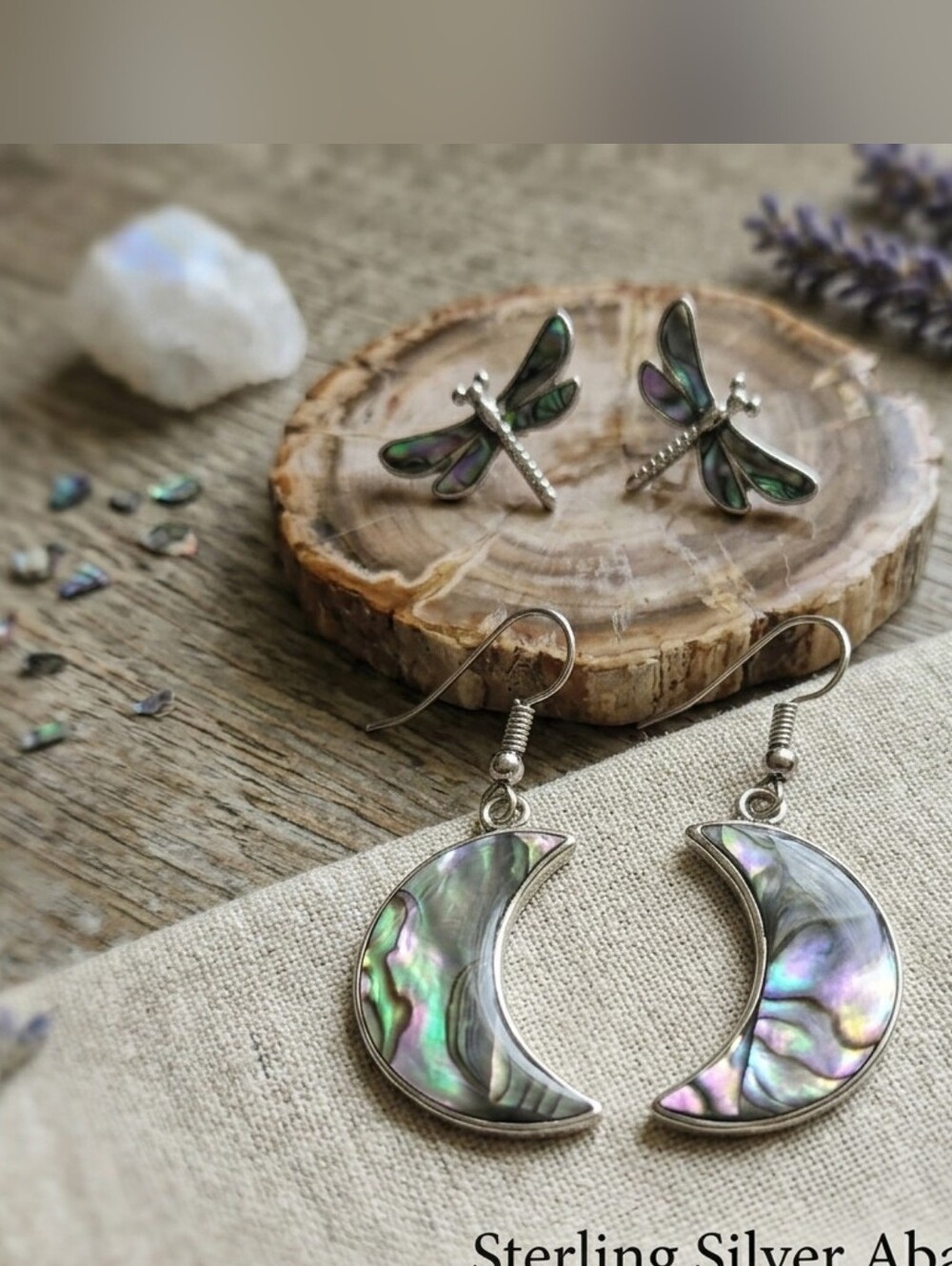 Iridescent Abalone Crescent Moon and Dragonfly Earring Set - Sterling Silver